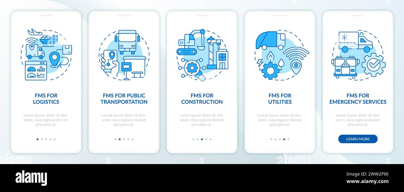 Car fleet variations blue onboarding mobile app screen Stock Vector