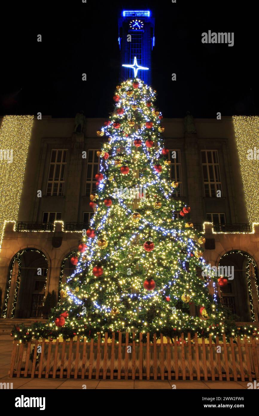 christmas tree from color lights on the black background Stock Photo ...