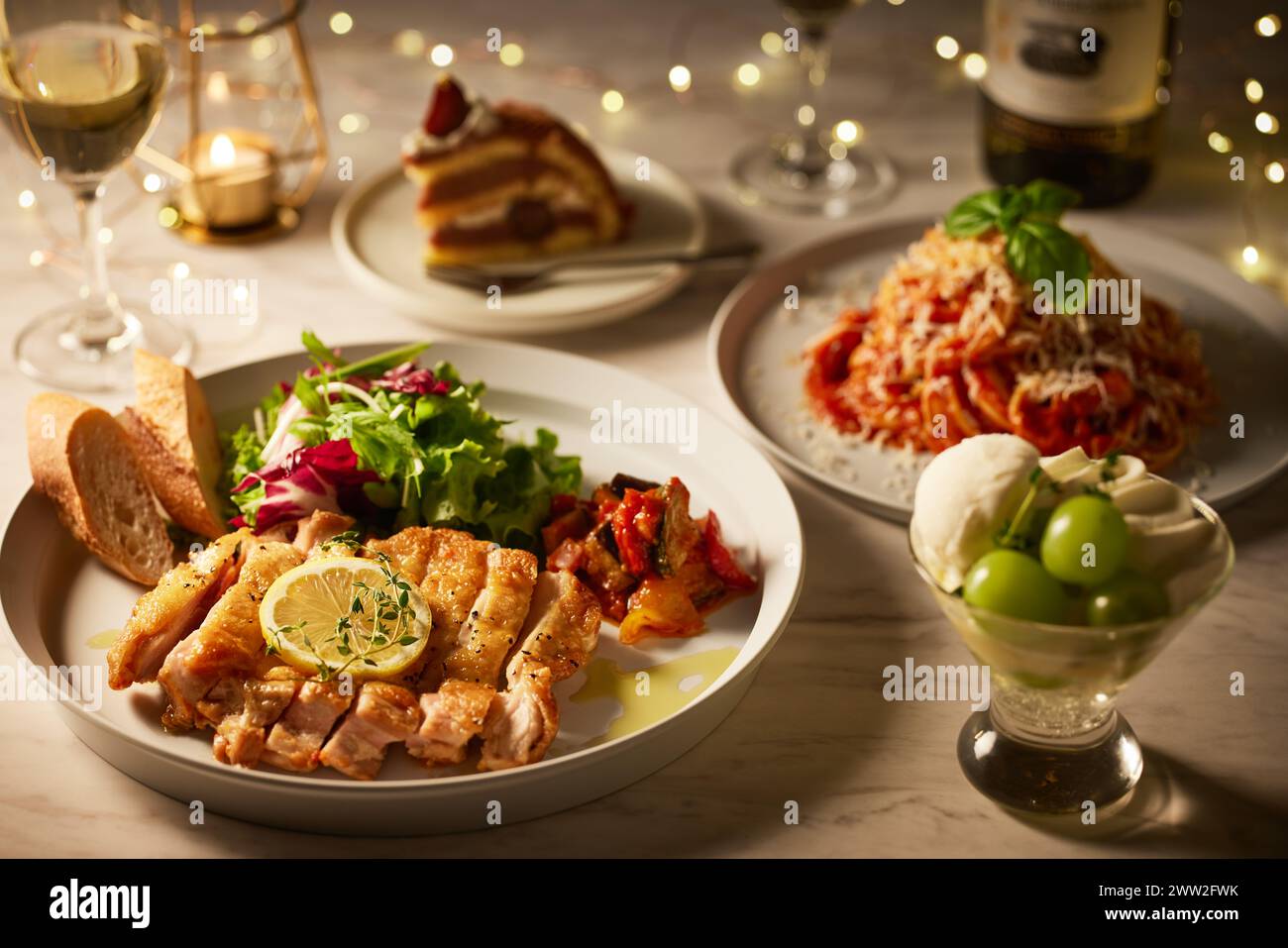 A table with food and wine Stock Photo