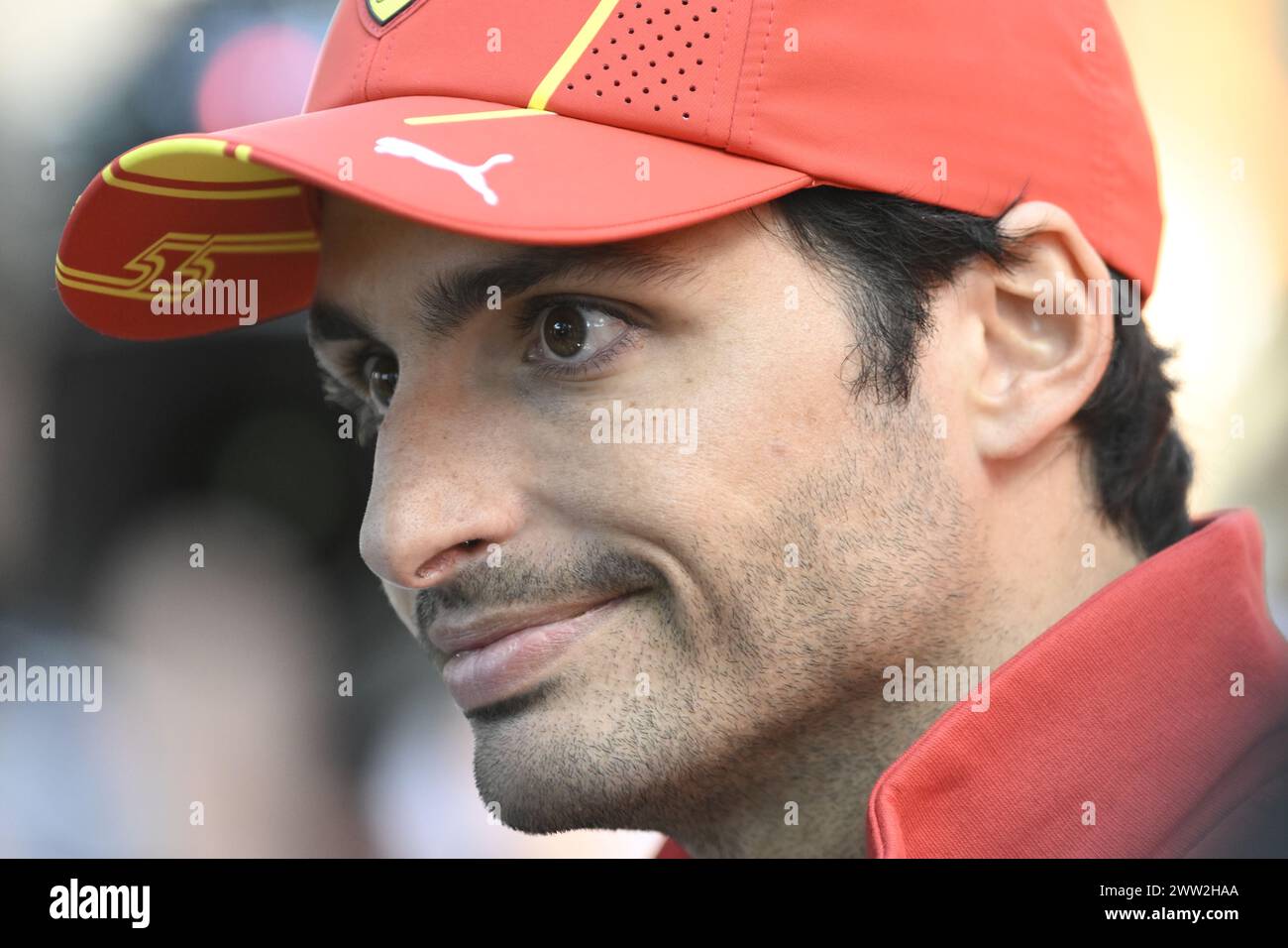 MELBOURNE, AUSTRALIA 21 Mar 2024. Pictured: 55 Carlos Sainz Jr. (ESP) Scuderia Ferrari in the paddock at the FIA Formula 1 Rolex Australian Grand Prix 2024 3rd round from 22nd to 24th March at the Albert Park Street Circuit, Melbourne, Australia. Credit: Karl Phillipson/Alamy Live News Stock Photo