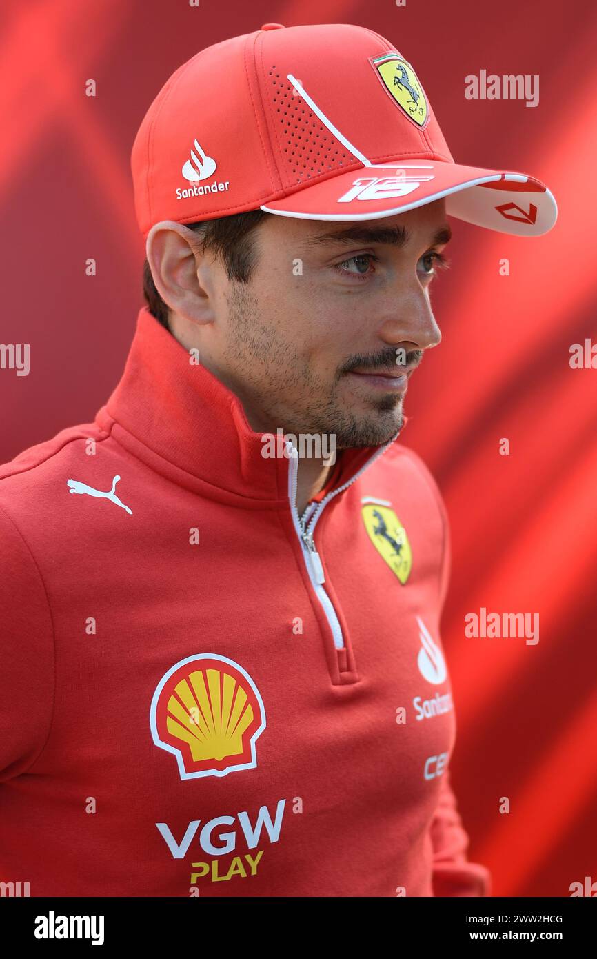 MELBOURNE, AUSTRALIA 21 Mar 2024. Pictured: 16 Charles Leclerc (MCO) Scuderia Ferrari  in the paddock at the FIA Formula 1 Rolex Australian Grand Prix 2024 3rd round from 22nd to 24th March at the Albert Park Street Circuit, Melbourne, Australia. Credit: Karl Phillipson/Alamy Live News Stock Photo