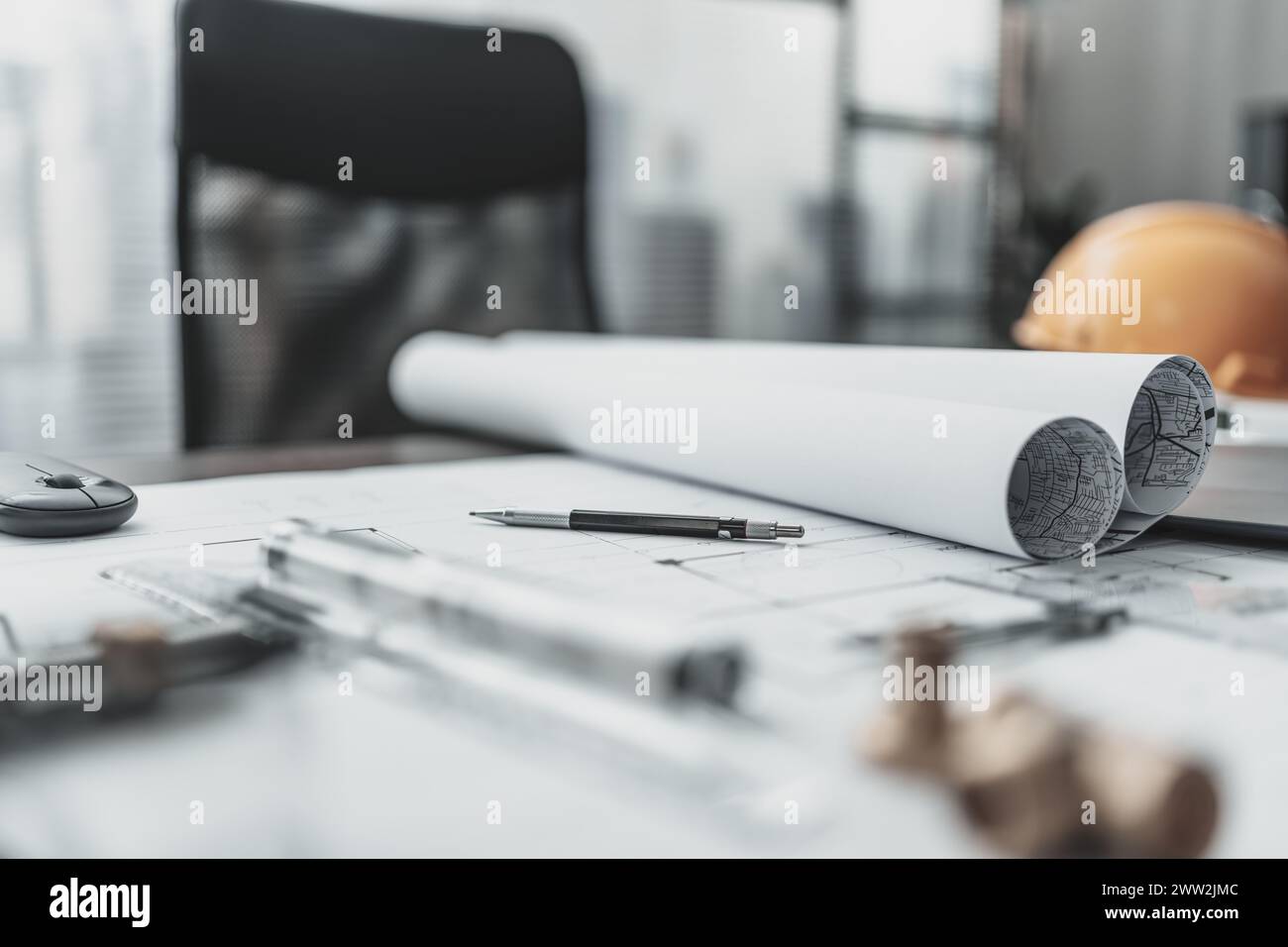 architect's pencil on house blueprint.  Architect, engineer plan concept. Stock Photo