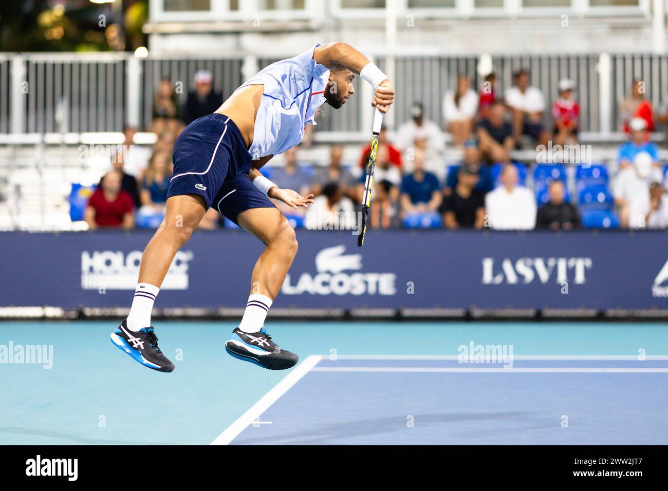 MIAMI GARDENS, FLORIDA - MARCH 20:  Arthur Fils of France serves against Matteo Arnaldi of Italy during their match on Day 5 of the Miami Open at Hard Rock Stadium on March 20, 2024 in Miami Gardens, Florida. (Photo by Mauricio Paiz) Stock Photo