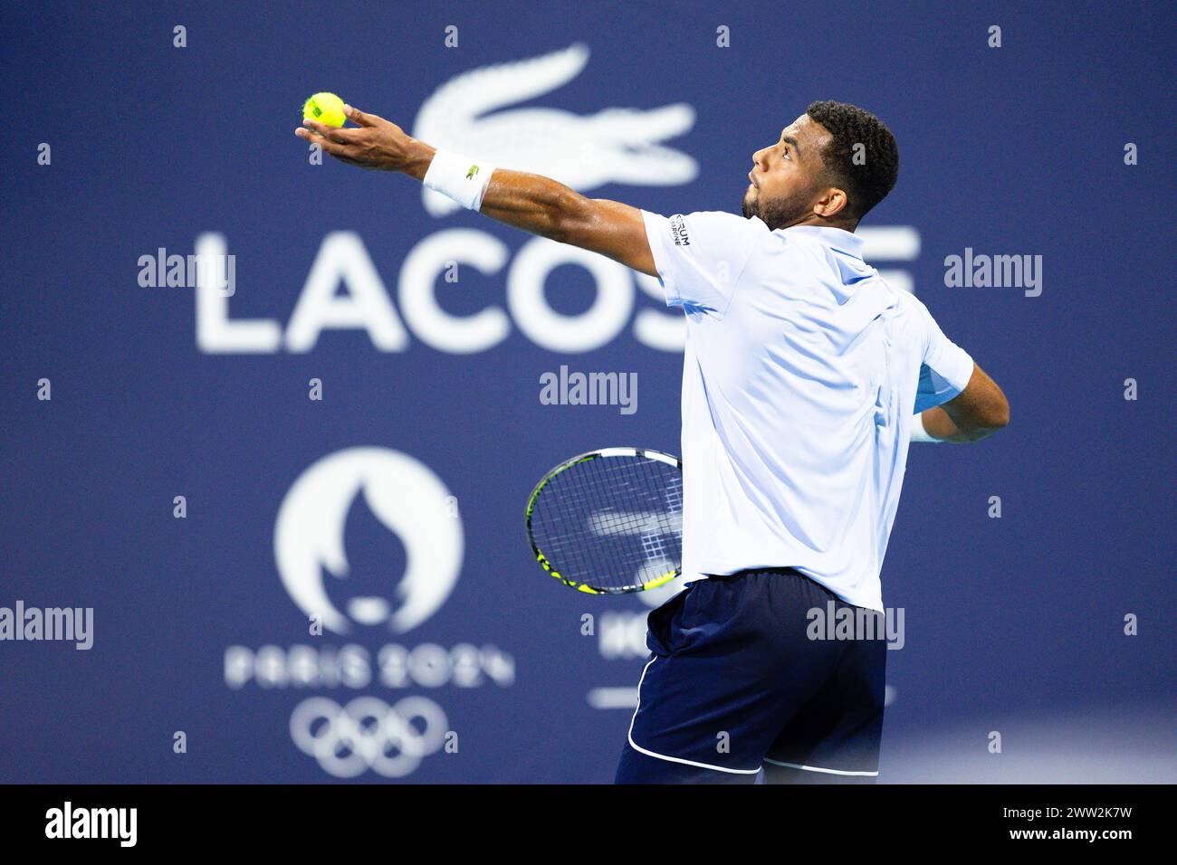 MIAMI GARDENS, FLORIDA - MARCH 20: Arthur Fils of France serves against Matteo Arnaldi of Italy during their match on Day 5 of the Miami Open at Hard Rock Stadium on March 20, 2024 in Miami Gardens, Florida. (Photo by Mauricio Paiz) Stock Photo