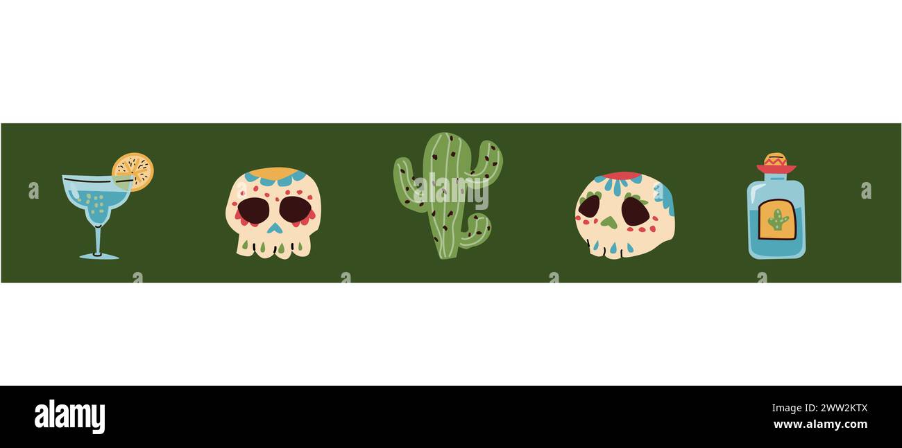 Mexican border of skull, tequila, cactus on green background. Vector illustration can used for greeting card, banners and flyers. Stock Vector