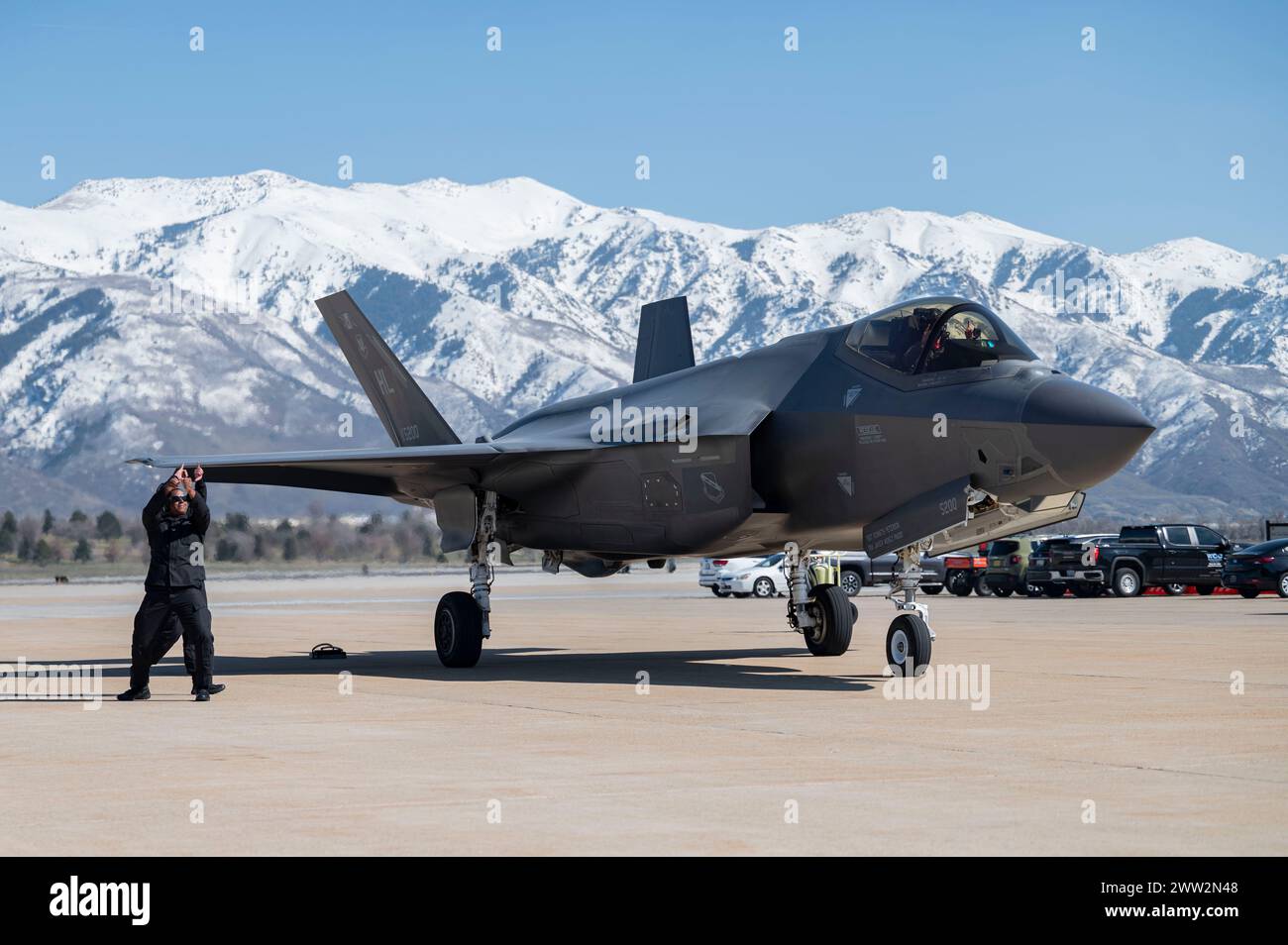 U.S. Air Force Airmen assigned to the F-35A Lightning II Demonstration Team launch out an F-35A Lightning II for a practice airshow at Hill AFB Stock Photo