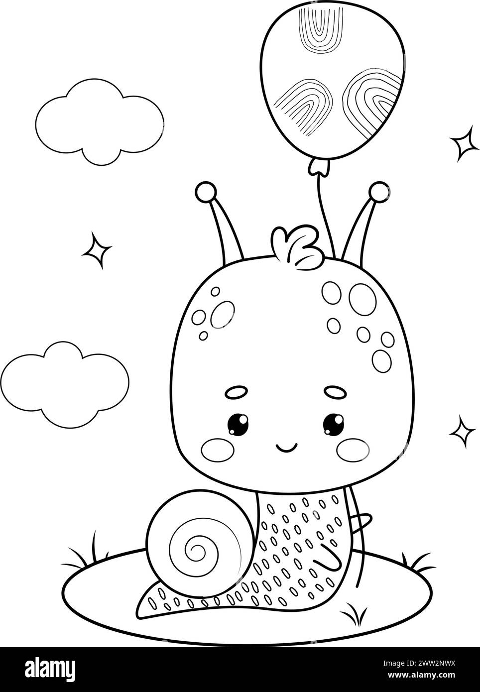 Funny small snail character with balloon. Comic outline cartoon insect ...