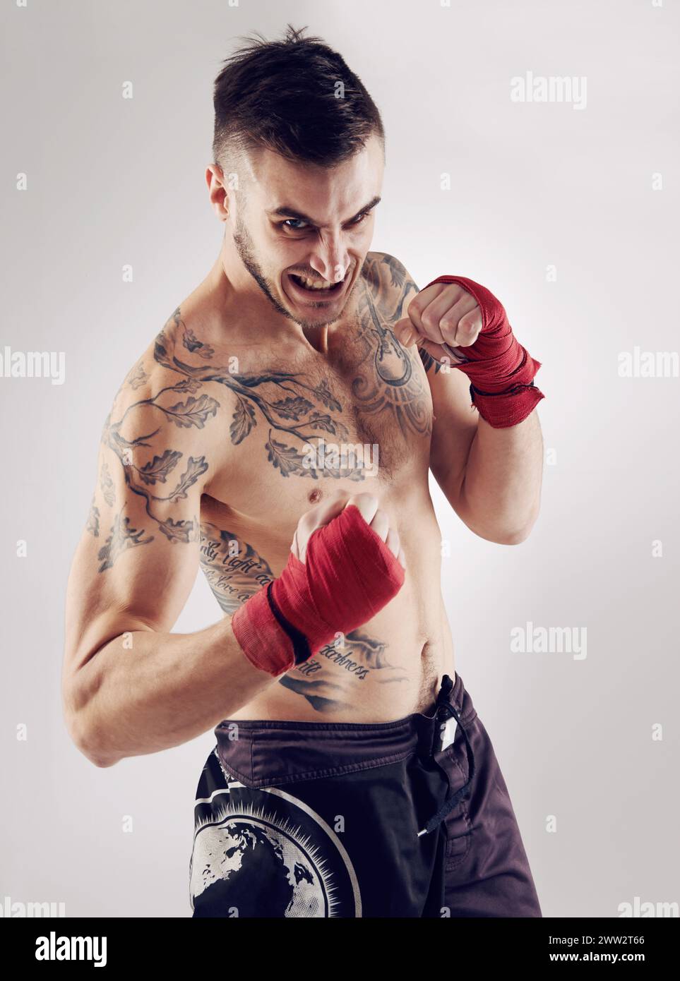 Anger Fighter Fist, MMA and angry male fighter for martial arts pose, boxing and mad ...