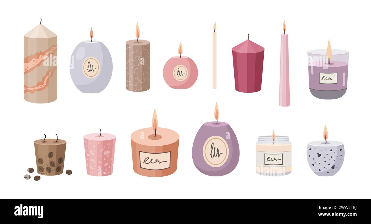 Aromatherapy candles set. Various candles isolated on white background. Hand drawn Vector illustration. Different candles collection. Hand crafted candles. Flat design Stock Vector