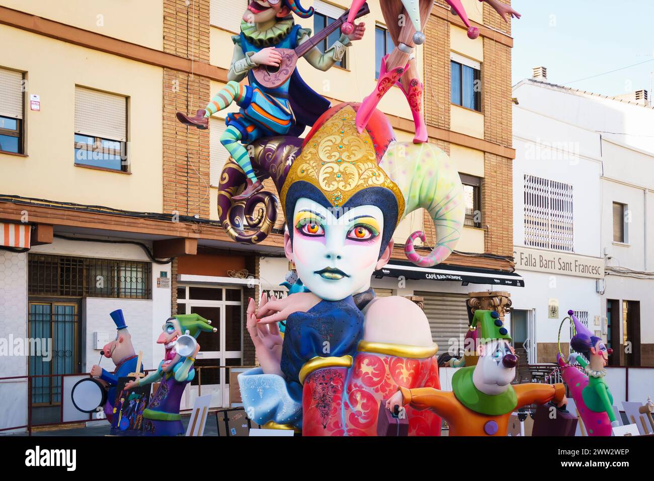 The wooden and papier mache sculptures and monuments known as Las Fallas in celebration of St Joseph's day in the Valencian town of Oliva, Spain Stock Photo