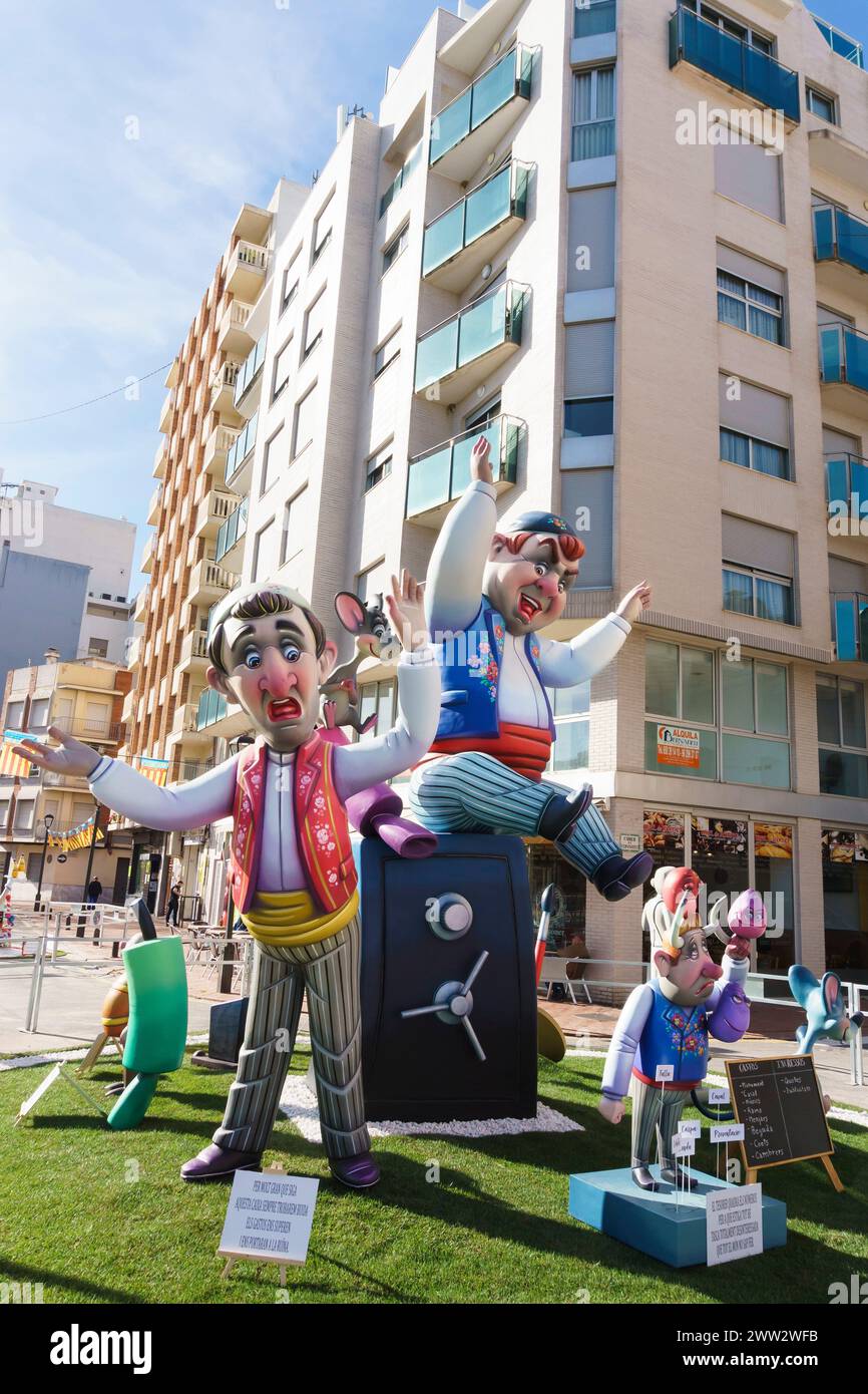The wooden and papier mache sculptures and monuments known as Las Fallas in celebration of St Joseph's day in the Valencian town of Oliva, Spain Stock Photo