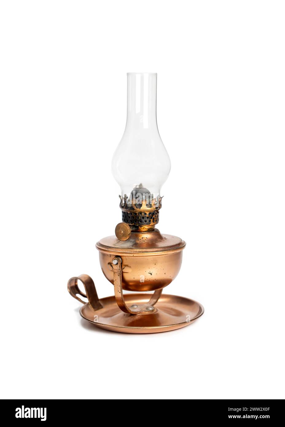 Vintage Oil Lamp With Scratches, Isolated On White Background Stock Photo