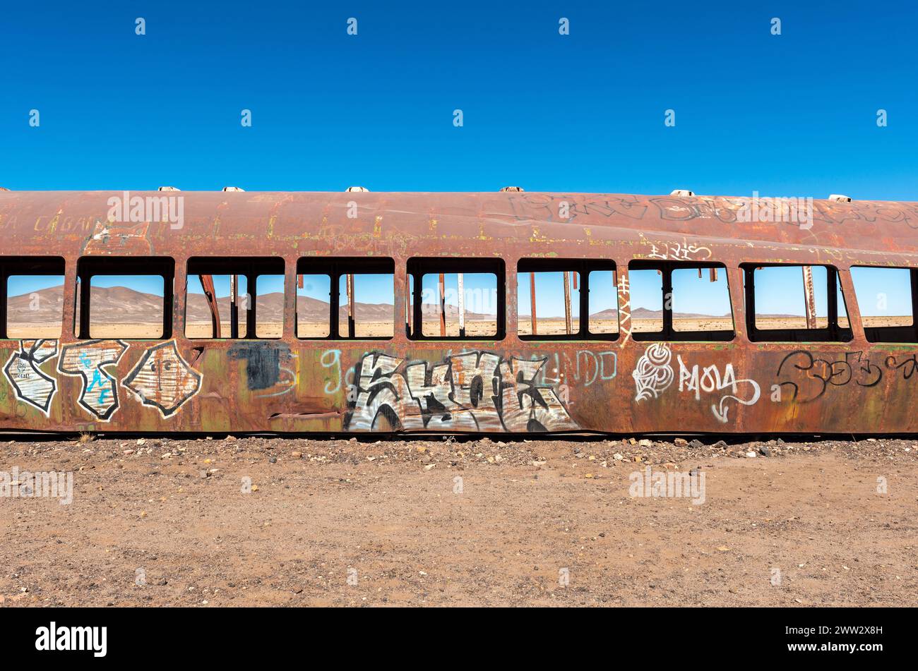 Train carriage, train cemetery of Uyuni, Bolivia. Stock Photo