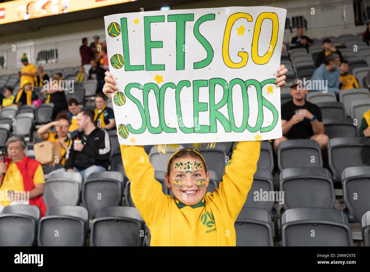 Sydney, Australia. 21st Mar, 2024. Socceroos fan during the FIFA World Cup 2026 Qualifying match between Subway Socceroos Australia and Lebanon at the CommBank Stadium, Sydney, Australia on 21 March 2024. Photo by Peter Dovgan. Editorial use only, license required for commercial use. No use in betting, games or a single club/league/player publications. Credit: UK Sports Pics Ltd/Alamy Live News Stock Photo