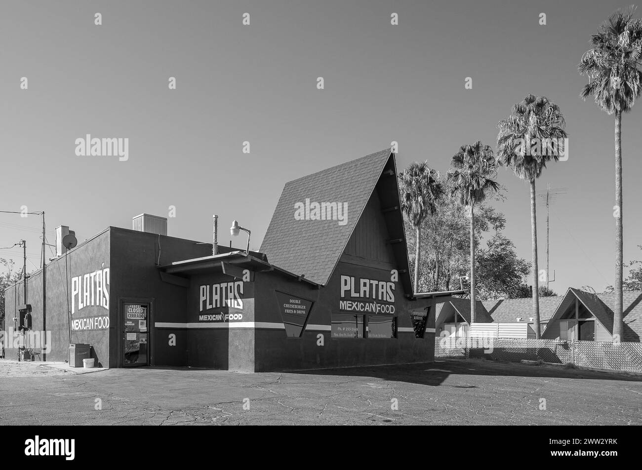 Platas Mexican Restaurant, Barstow, CA on historic US Route 66 in Mojave Desert Stock Photo