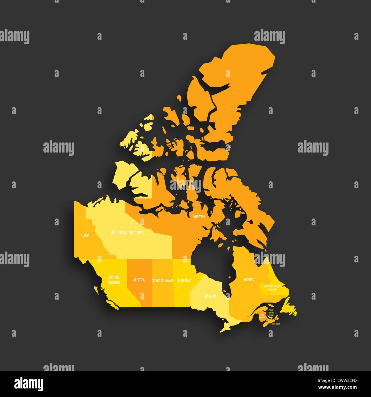 Canada political map of administrative divisions - provinces and territories. Yellow shade flat vector map with name labels and dropped shadow isolated on dark grey background. Stock Vector