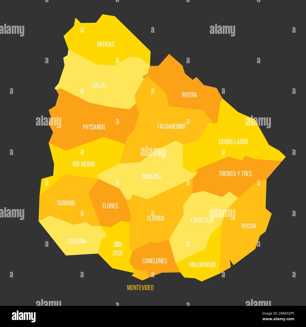 Uruguay Political Map Of Administrative Divisions Departments Yellow Uruguay Political Map Of Administrative Divisions Departments Yellow Shade Flat Vector Map With Name Labels And Dropped Shadow Isolated On Dark Grey Background 2WW32P5 