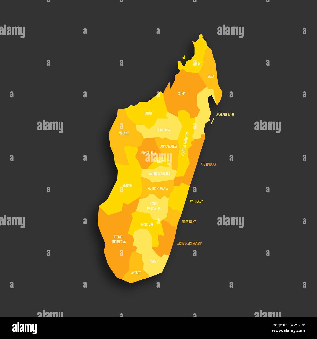 Madagascar political map of administrative divisions - regions. Yellow shade flat vector map with name labels and dropped shadow isolated on dark grey background. Stock Vector