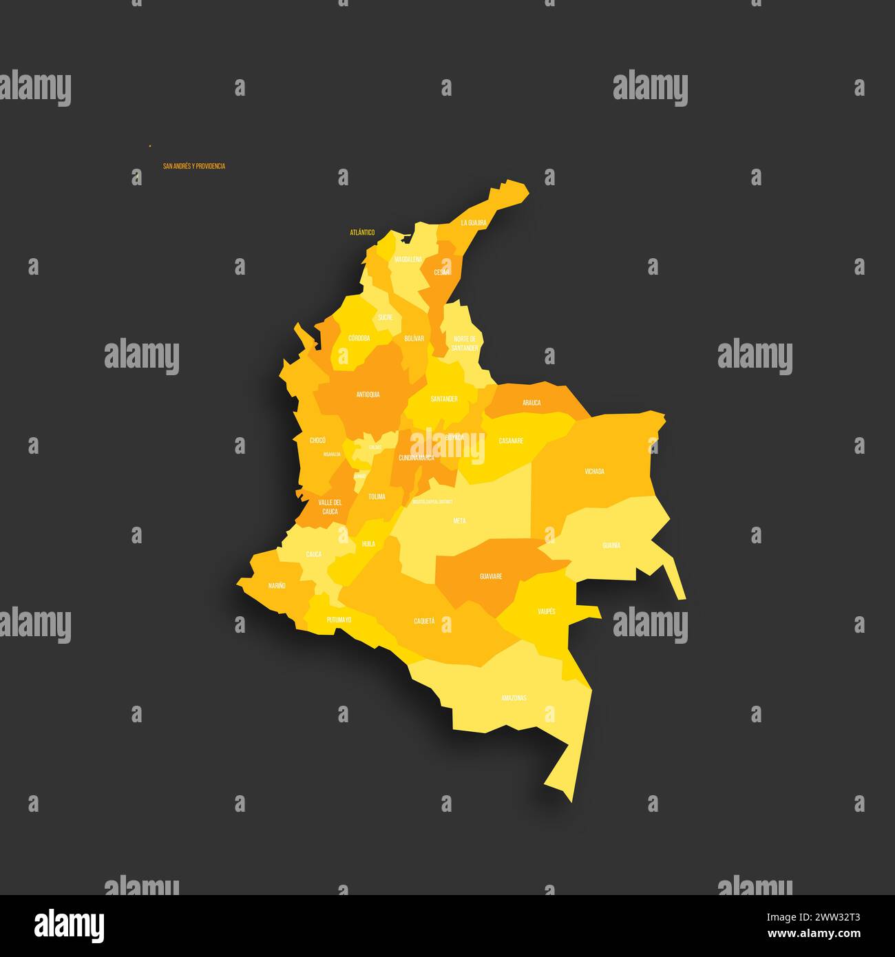 Colombia Political Map Of Administrative Divisions Departments And Colombia Political Map Of Administrative Divisions Departments And Capital District Yellow Shade Flat Vector Map With Name Labels And Dropped Shadow Isolated On Dark Grey Background 2WW32T3 