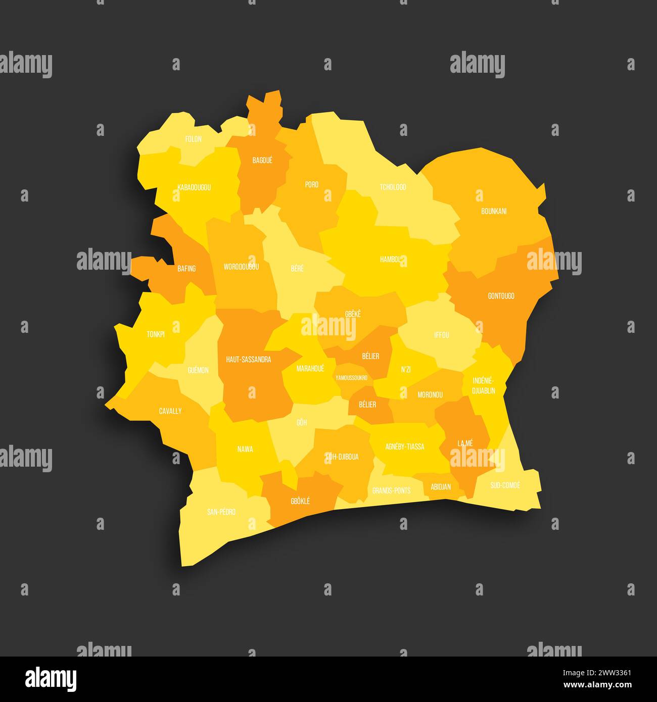 Ivory Coast Political Map Of Administrative Divisions Regions And Ivory Coast Political Map Of Administrative Divisions Regions And Autonomous Districts Yellow Shade Flat Vector Map With Name Labels And Dropped Shadow Isolated On Dark Grey Background 2WW3361