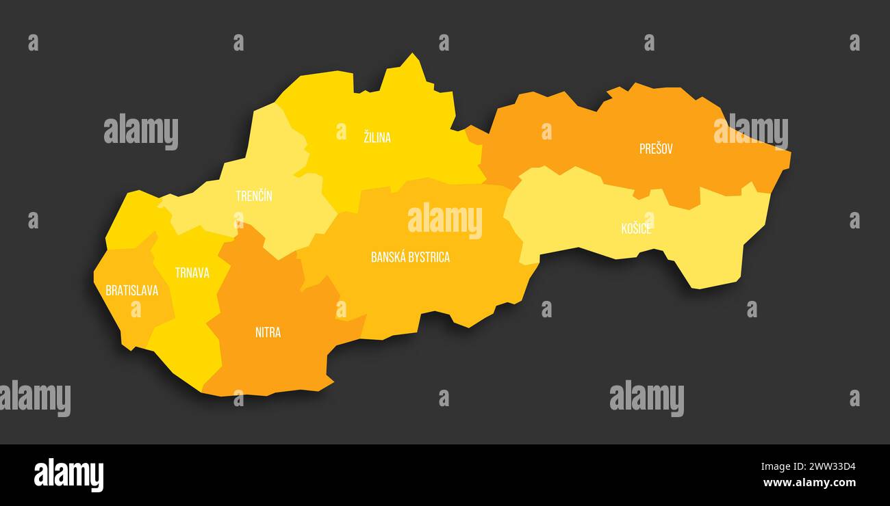 Slovakia Political Map Of Administrative Divisions Regions Yellow Slovakia Political Map Of Administrative Divisions Regions Yellow Shade Flat Vector Map With Name Labels And Dropped Shadow Isolated On Dark Grey Background 2WW33D4 