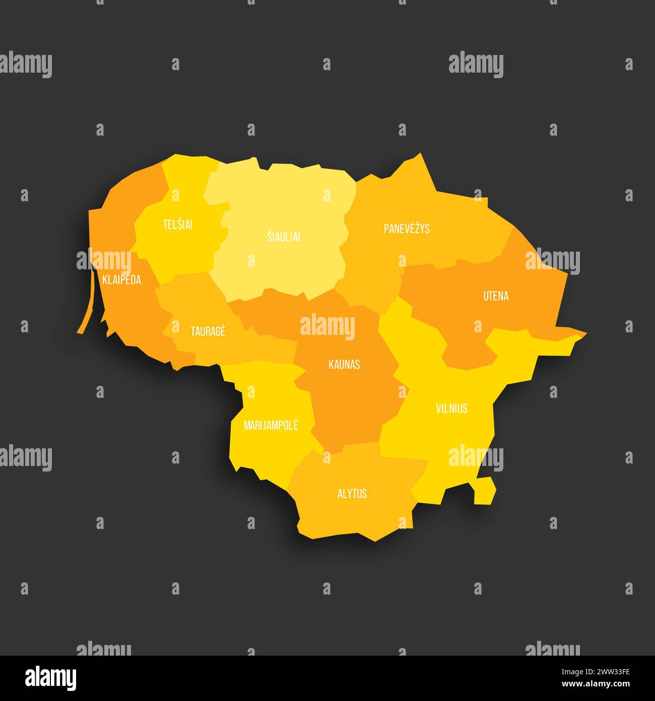 Lithuania political map of administrative divisions - counties. Yellow ...