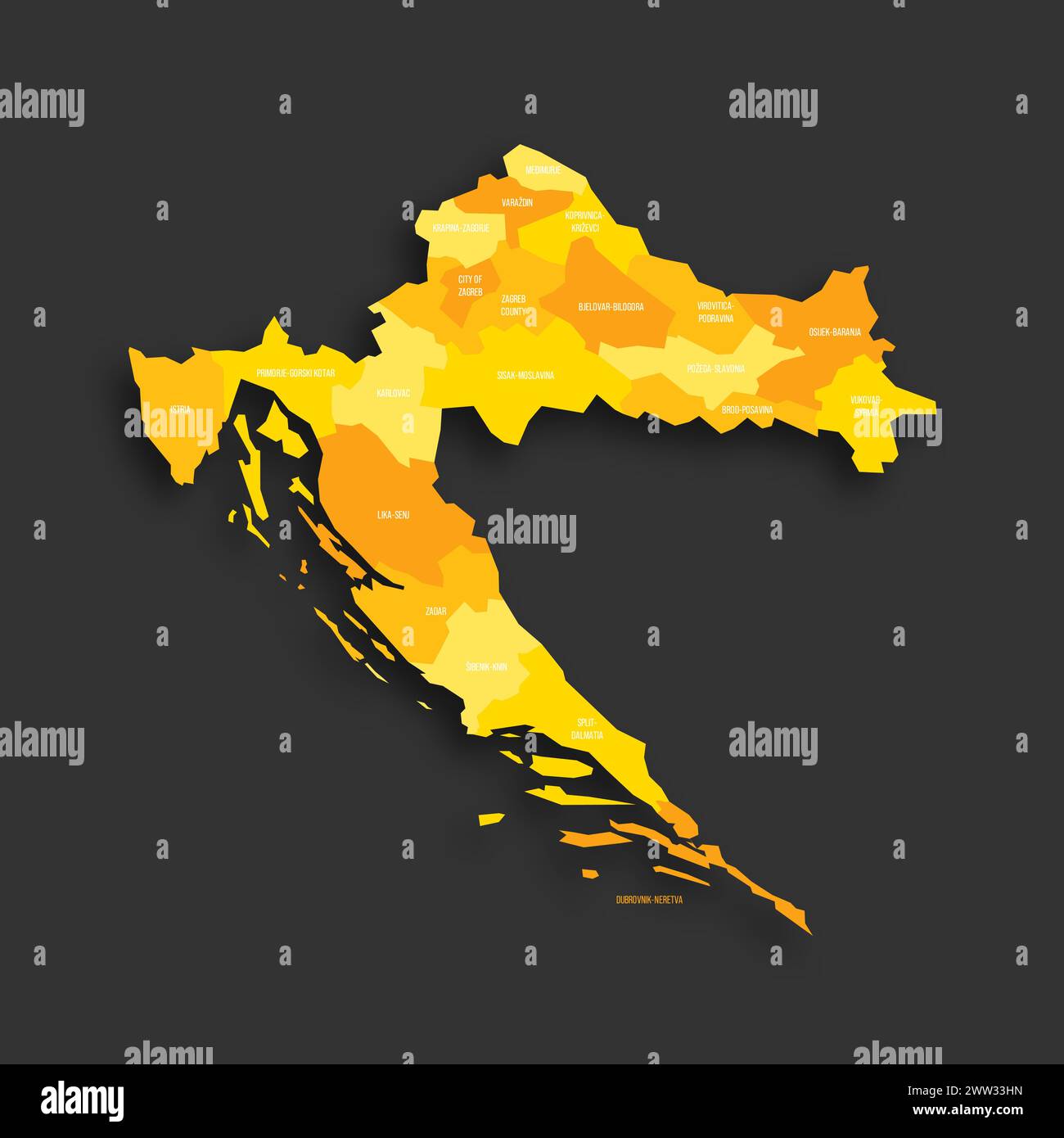 Croatia political map of administrative divisions - counties. Yellow ...