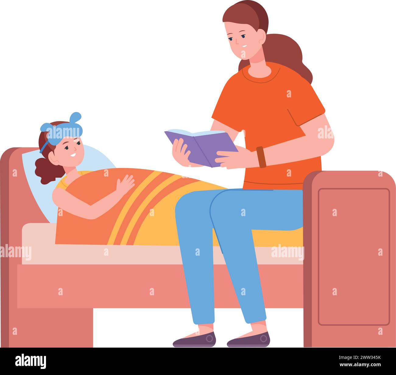 Mother reading book for kid in bedroom. Bedtime story isolated on white background Stock Vector