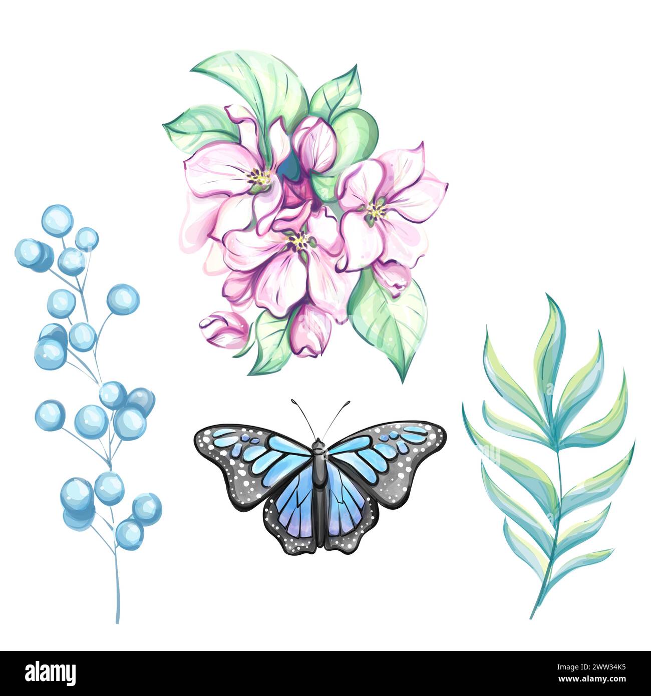 Watercolor tropical set, clip art. Blue monarch butterfly. Flowers. Cut out Stock Photo