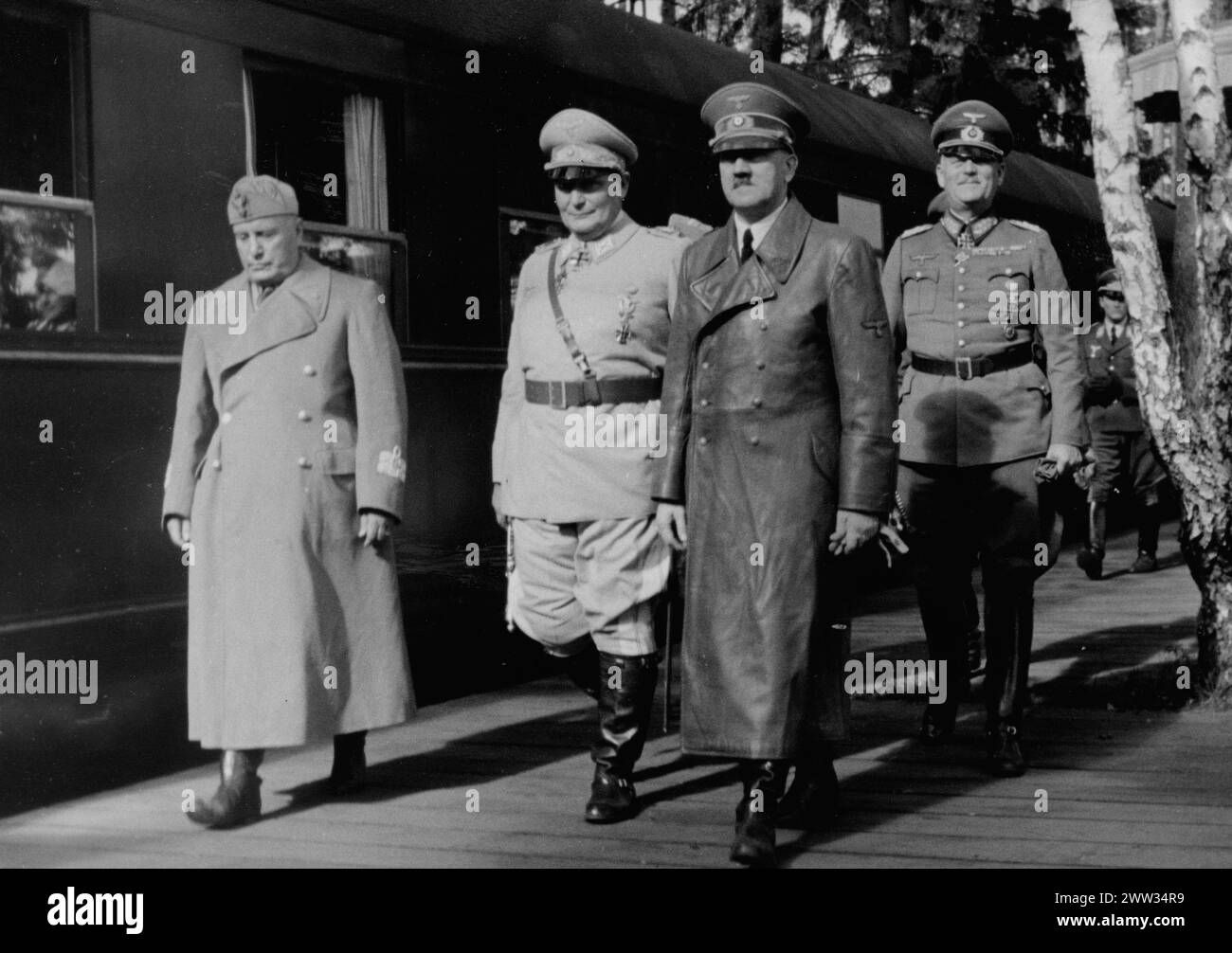 From the left- Benito Mussolini, Hermann Goring, Adolf Hitler and Wilhelm Keitel at the train station. 1941-08-30 Stock Photo