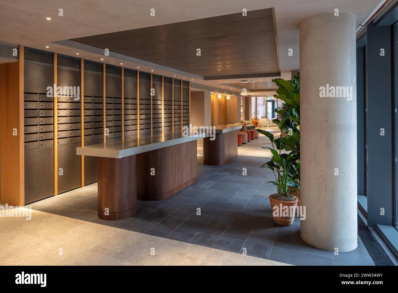 Communal entrance lobby with letter boxes. Author, London, United Kingdom. Architect: Conran & Partners, 2023. Stock Photo