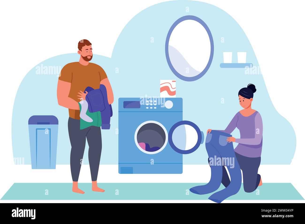 Couple doing laundry together. Man and woman washing clothes isolated on white background Stock Vector
