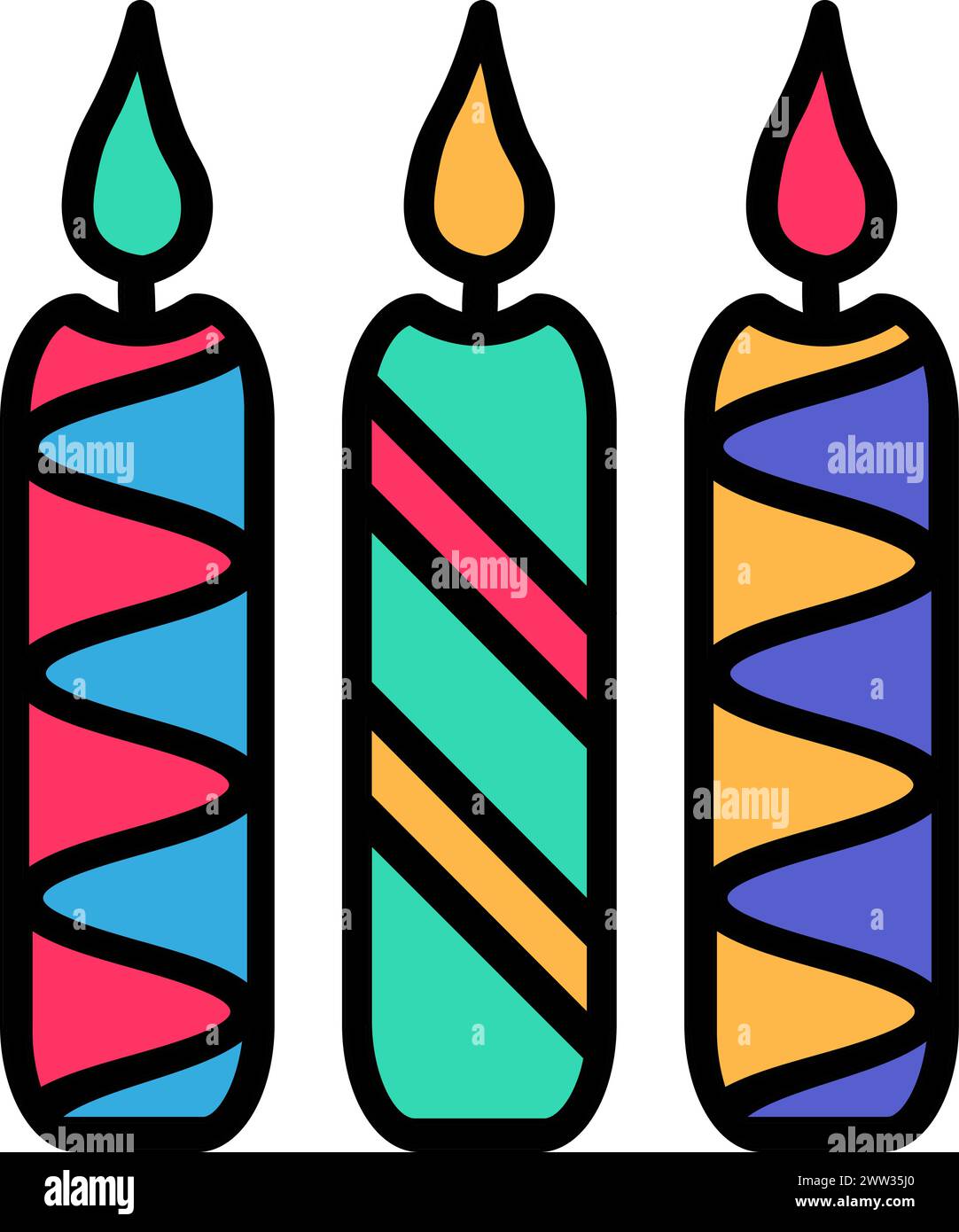 Burning Party decorative candles, birthday symbol. Simple style festive burning decorative candles for design of children entertainment center. Color Stock Vector