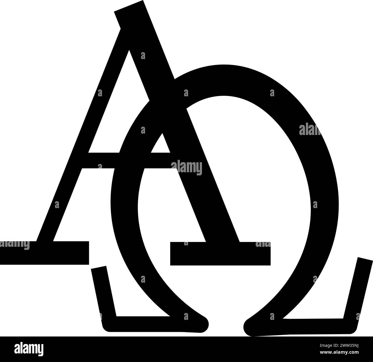 Connected A religious symbol. Spiritual omega alpha sign of traditional culture of worship and veneration. Simple black and white vector isolated on w Stock Vector