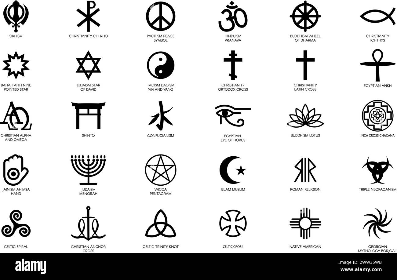 Set of mystical religious symbols of different cultures of world, sacred signs. Spiritual traditional cultures of worship and veneration. Simple black Stock Vector
