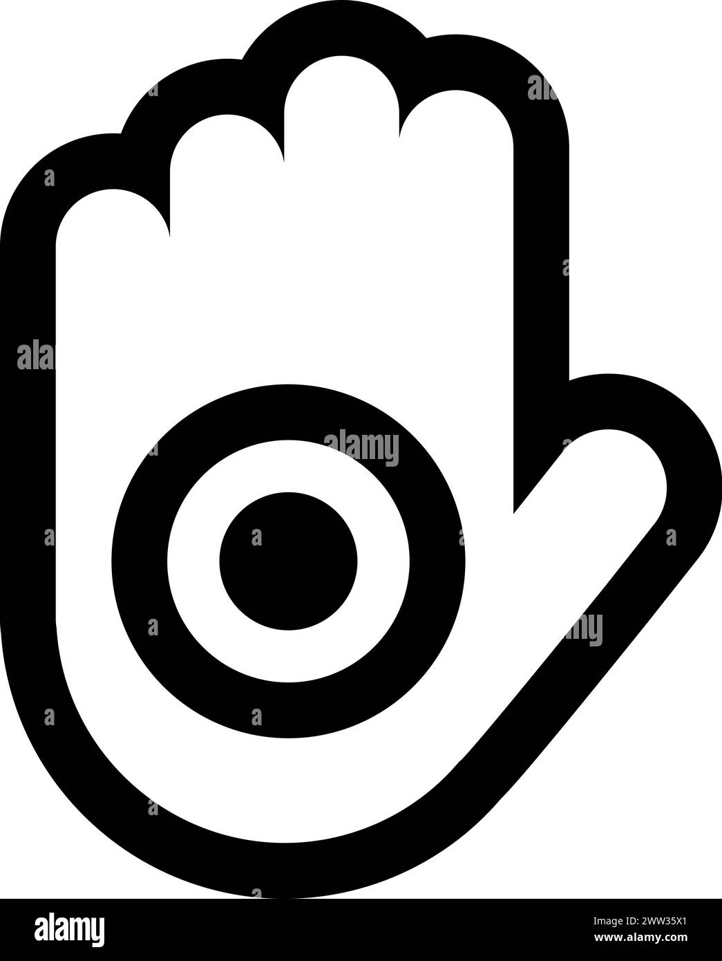 Eye hand mystical religious symbol. Spiritual hamsa sign of traditional culture of worship and veneration. Simple black and white vector isolated on w Stock Vector