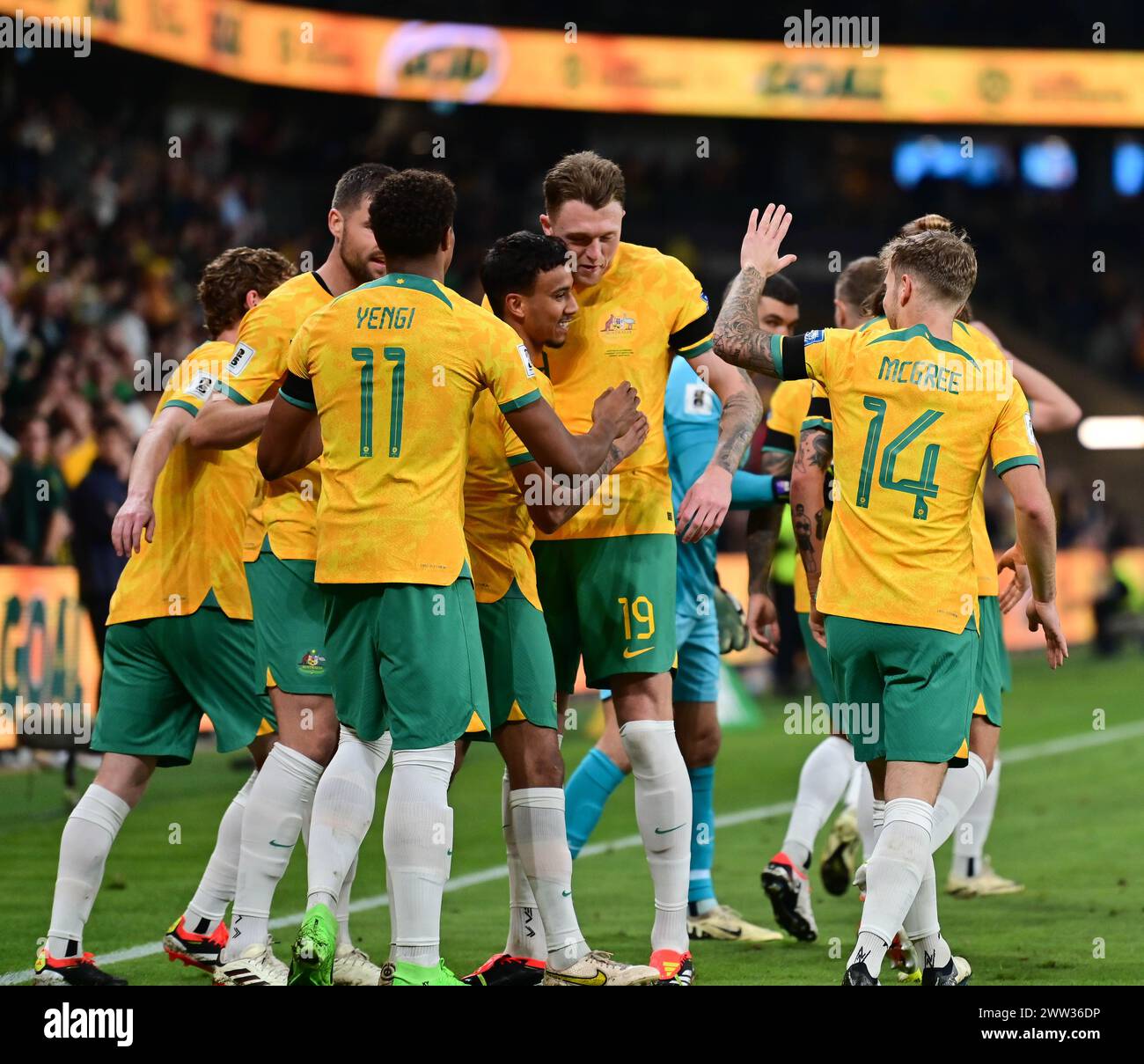 Sydney, Australia. 20th Mar 2024, Keanu Baccus and his team celebrate his goal against Lebanon