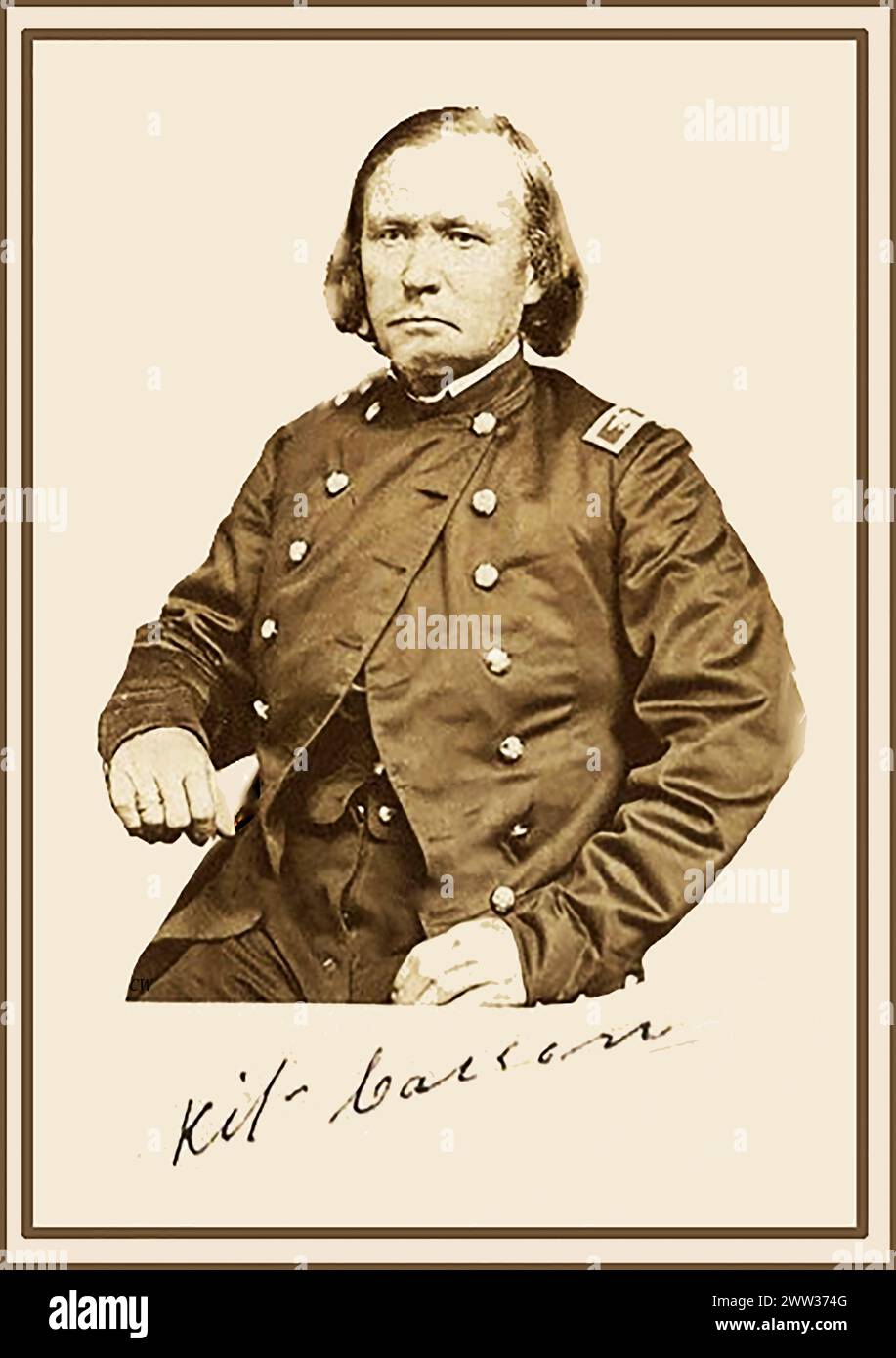 U.S. Pioneer and army scout  Kit Carson in his army uniform. Christopher Houston Carson1809 – 868) was an American frontiersman, a fur trapper, Indian agent, wilderness guide, and U.S. Army officer who became a legend in his own lifetime. He notoriously   led forces to suppress  many Indian tribes  tribes by destroying their food sources.  He was briefly Brigadier General and took command of Fort Garland, Colorado Stock Photo