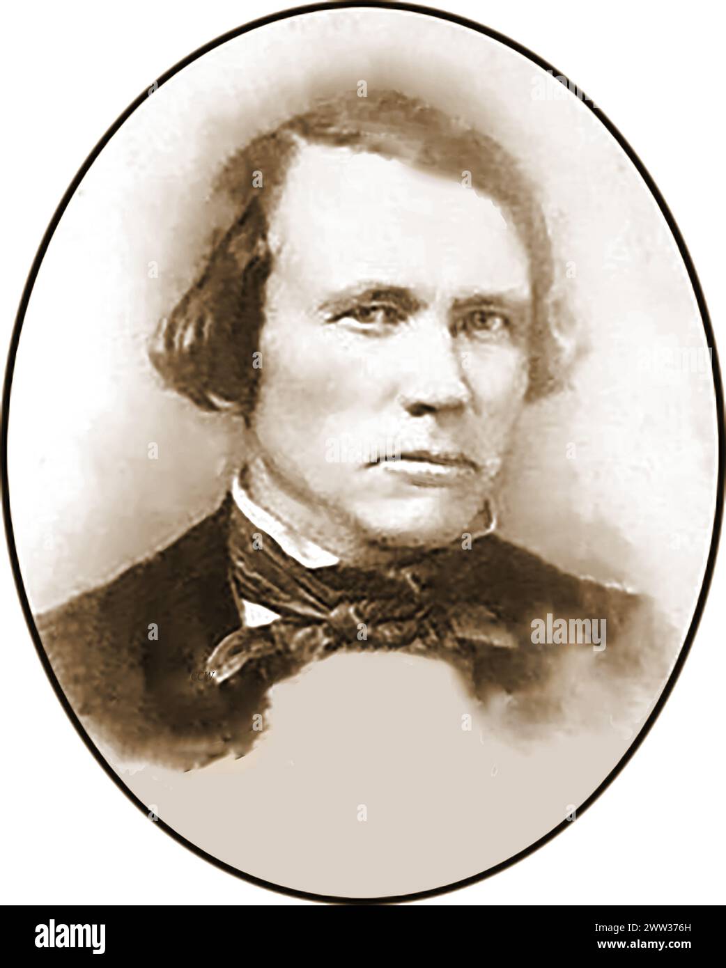 Kit Carson, U.S. army scout and pioneer. (Full name Christopher Houston Carso as a young man. Christopher Houston Carson1809 – 868) was an American frontiersman, a fur trapper, Indian agent, wilderness guide, and U.S. Army officer who became a legend in his own lifetime. He notoriously   led forces to suppress  many Indian tribes  tribes by destroying their food sources.  He was briefly Brigadier General and took command of Fort Garland, Colorado Stock Photo