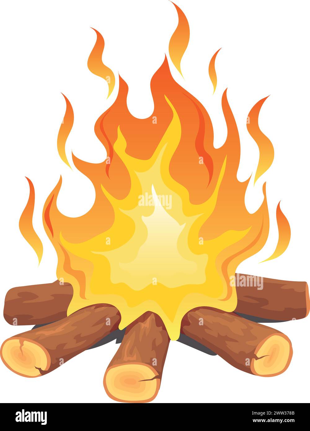 Campfire flame. Cartoon bonfire with wooden firewood logs isolated on white background Stock Vector