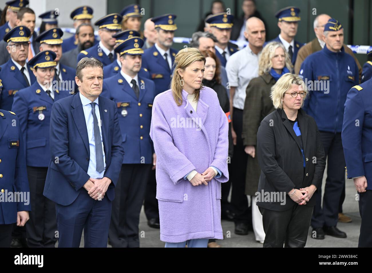 Brussels, Belgium. 21st Mar, 2024. Minister of Justice Paul Van Tigchelt and Interior Minister Annelies Verlinden pictured during a ceremony with a minute of silence for the policeman killed on Monday during a police operation in Lodelinsart, organised in the garden of the headquarters of the Federal Police, in Brussels, Thursday 21 March 2024. On Monday a 36-year-old special forces agent was shot and killed during a house search in Lodelinsart, Charleroi. Two other policemen were injured, the suspect died later the same day. BELGA PHOTO ERIC LALMAND Credit: Belga News Agency/Alamy Live News Stock Photo