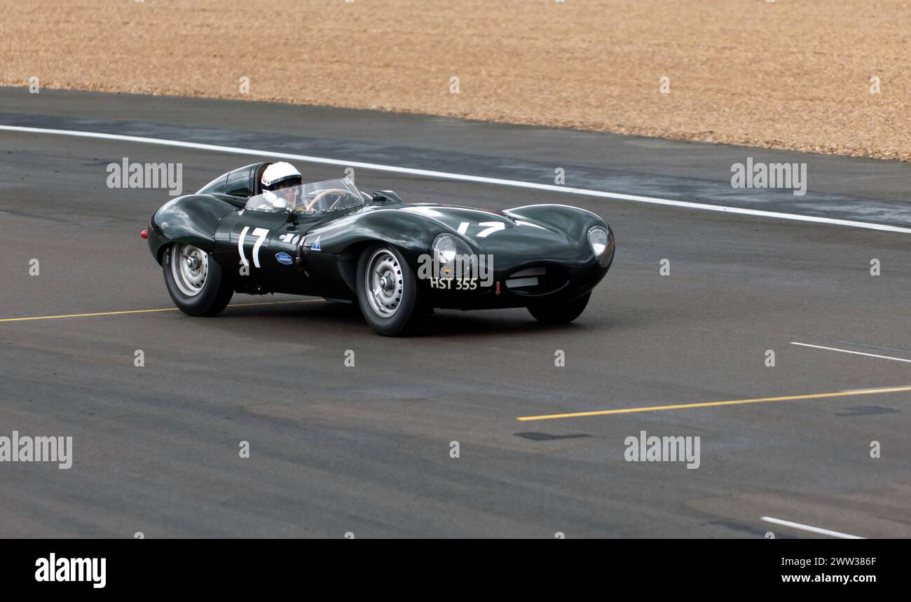John and Gary Pearson's 1955, Green, Jaguar D-Type, during the MRL Woodcote Trophy, at the 2023 Silverstone Festival Stock Photo