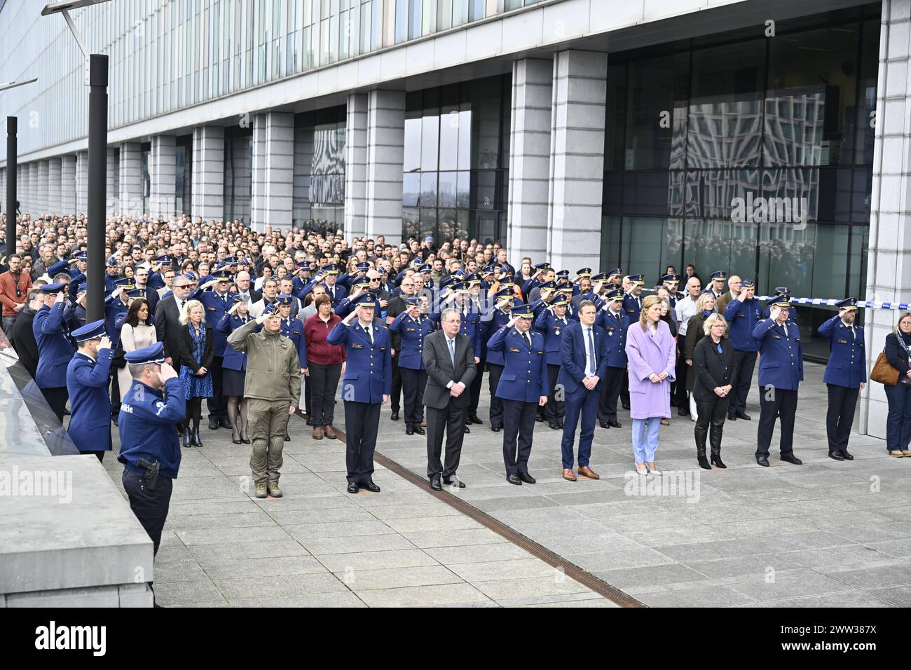 Brussels, Belgium. 21st Mar, 2024. a ceremony with a minute of silence for the policeman killed on Monday during a police operation in Lodelinsart, organised in the garden of the headquarters of the Federal Police, in Brussels, Thursday 21 March 2024. On Monday a 36-year-old special forces agent was shot and killed during a house search in Lodelinsart, Charleroi. Two other policemen were injured, the suspect died later the same day. BELGA PHOTO ERIC LALMAND Credit: Belga News Agency/Alamy Live News Stock Photo