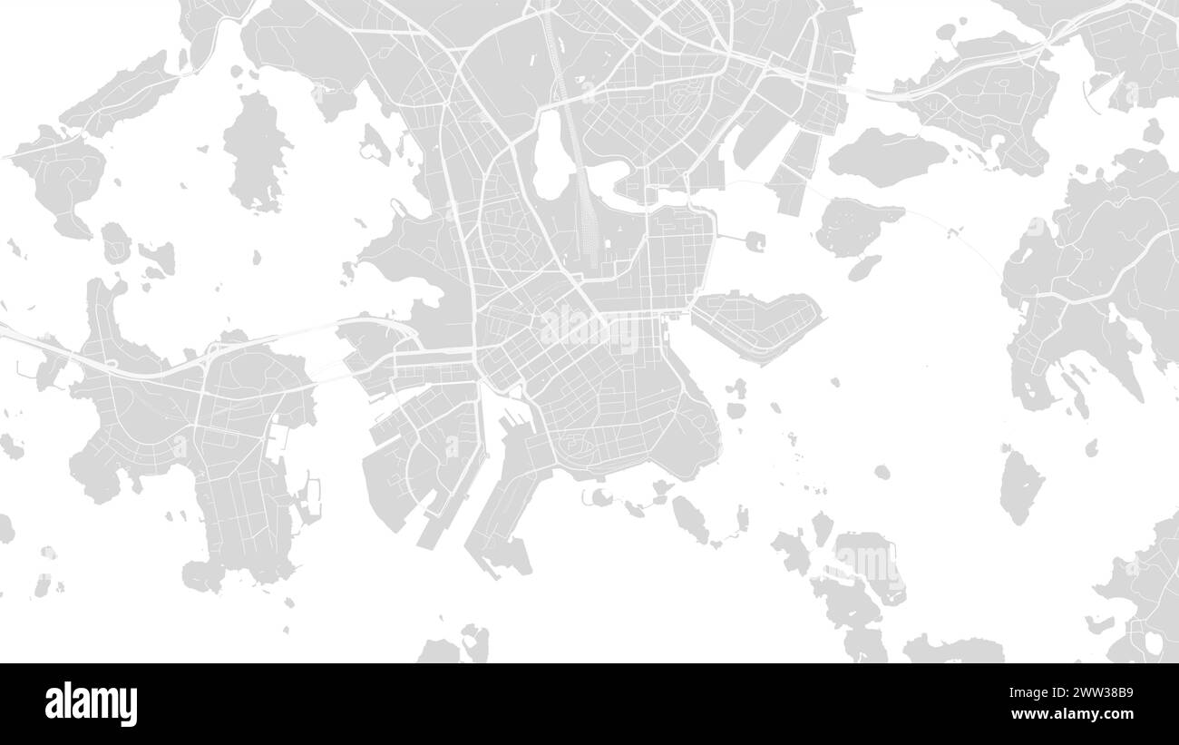 Background Helsinki map, Finland, white and light grey city poster. Vector map with roads and water. Widescreen proportion, digital flat design roadma Stock Vector