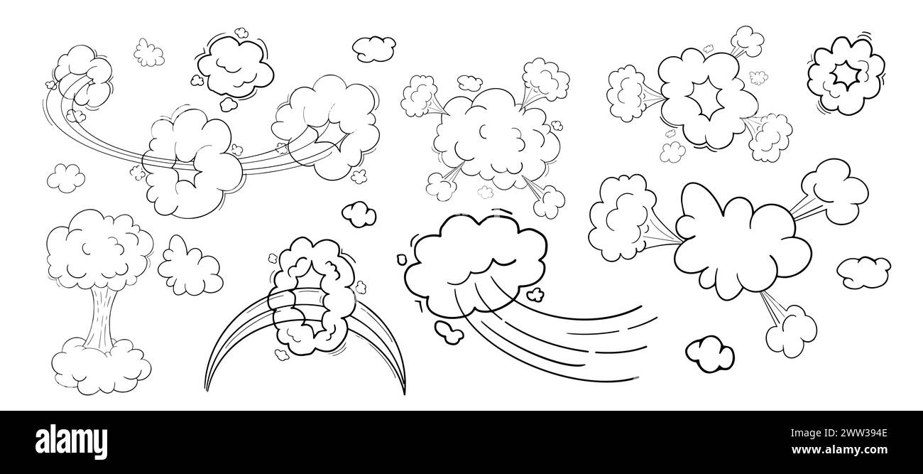 Comic motion effect, clouds speed way, trail set fast wind swirl, puff poof elements isolated on white background. Blow explosion. Vector illustration Stock Vector