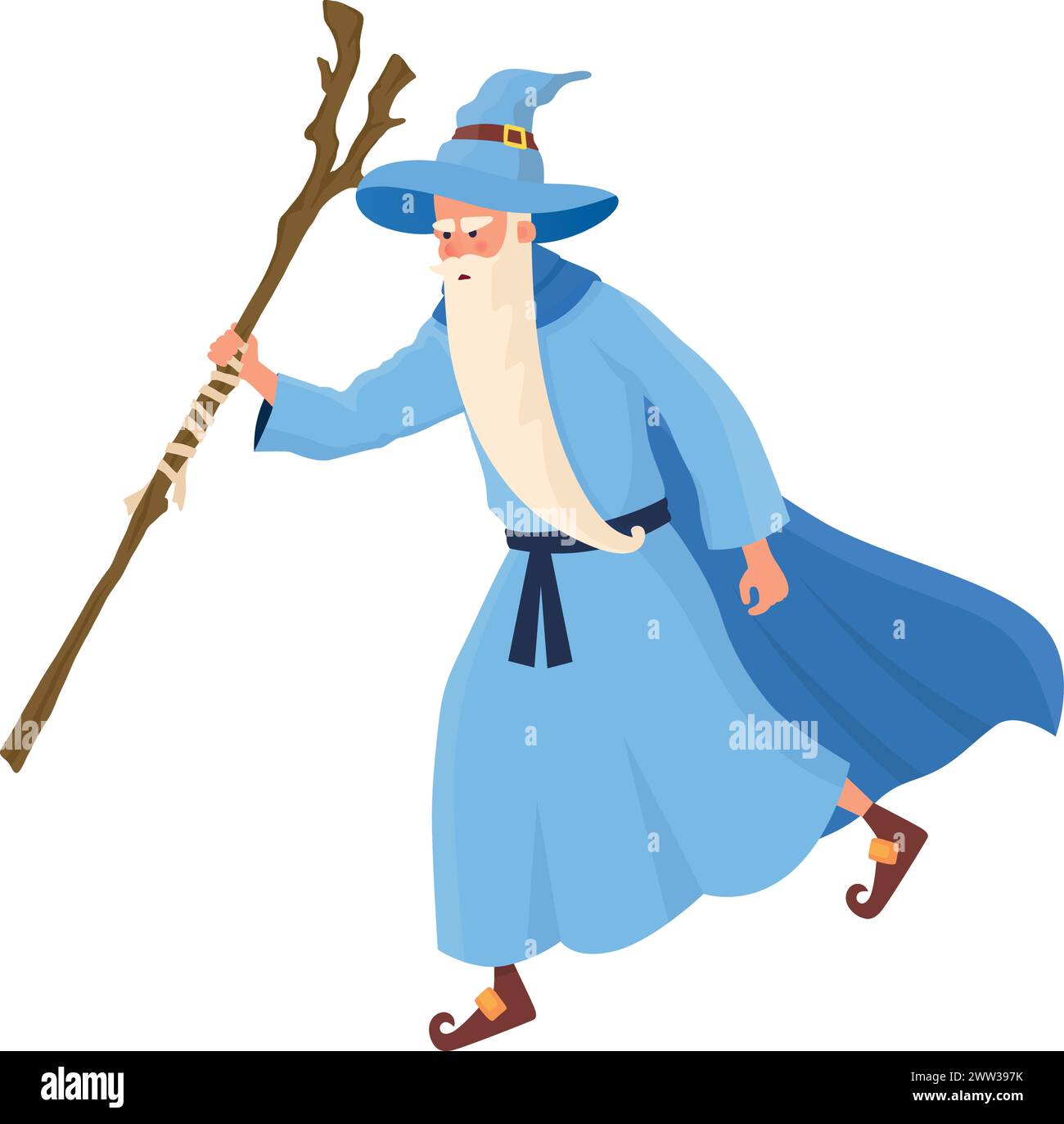 Walking sorcerer. Fairytale character in blue mantle with long beard