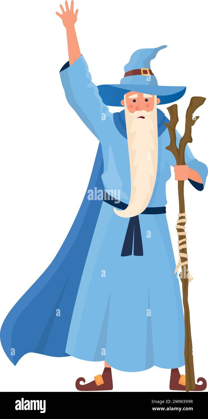 Old wizard with wooden stick. Fantasy mage in blue robe isolated on white background Stock Vector