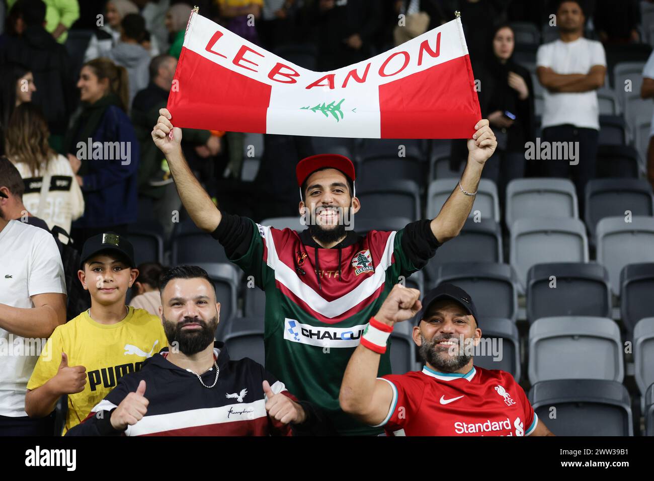 Sydney, Australia. 21st Mar, 2024. Lebanon fans during the FIFA World Cup 2026 Qualifying match between Subway Socceroos Australia and Lebanon at the CommBank Stadium, Sydney, Australia on 21 March 2024. Photo by Peter Dovgan. Editorial use only, license required for commercial use. No use in betting, games or a single club/league/player publications. Credit: UK Sports Pics Ltd/Alamy Live News Stock Photo