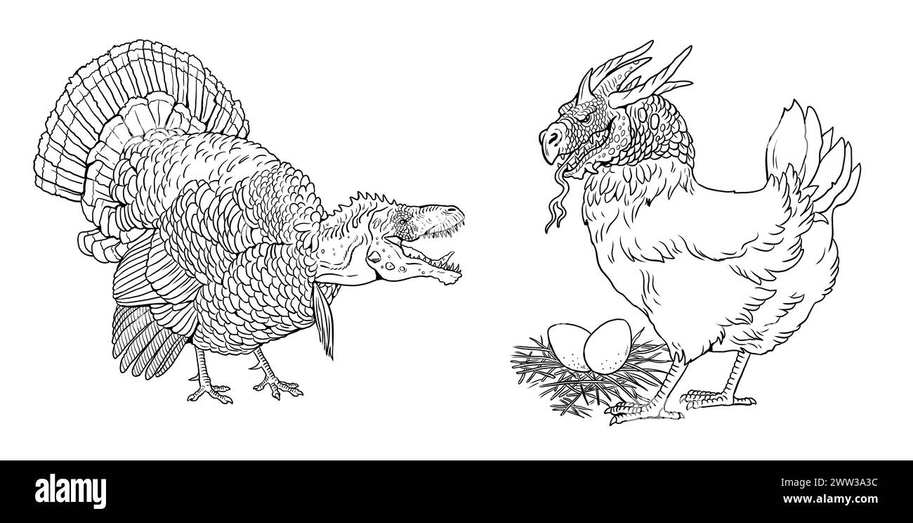 A fantasy creature: half dragon - half chicken and turkey. Coloring book with animals mutants. Stock Photo