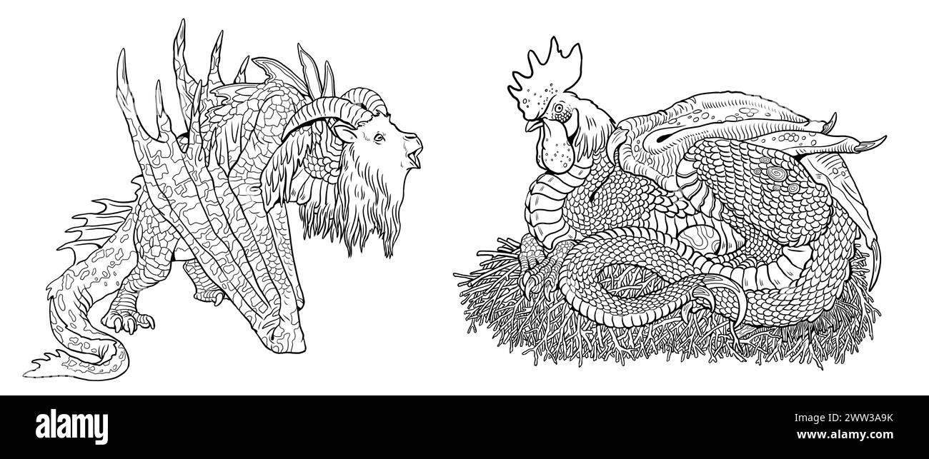 Coloring page with the animals mutants. Coloring book with fantasy creatures. Stock Photo